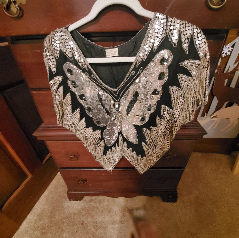Sequin Butterfly Silk Poncho Top